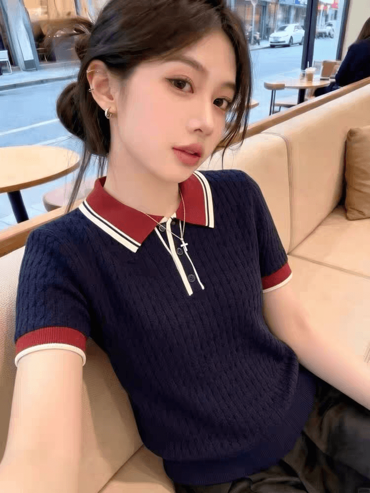 블루 색상 POLO 칼라 긍정적 인 어깨 니트 반팔 티셔츠 여성 2026 새로운 여름 빅 사이즈 지방 mm 외국 가스 작은 셔츠 맨위
