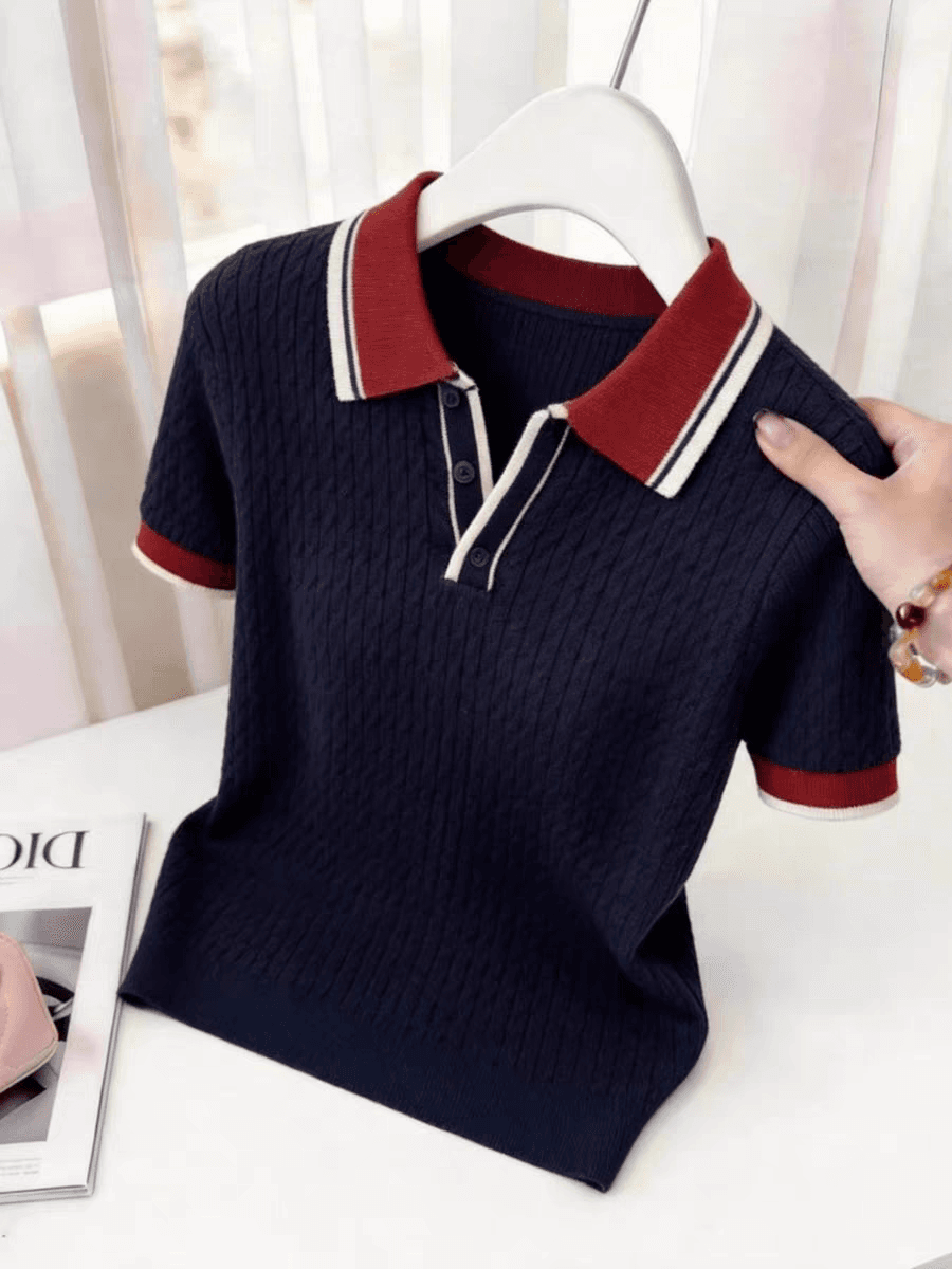 블루 색상 POLO 칼라 긍정적 인 어깨 니트 반팔 티셔츠 여성 2026 새로운 여름 빅 사이즈 지방 mm 외국 가스 작은 셔츠 맨위 상세 이미지 2