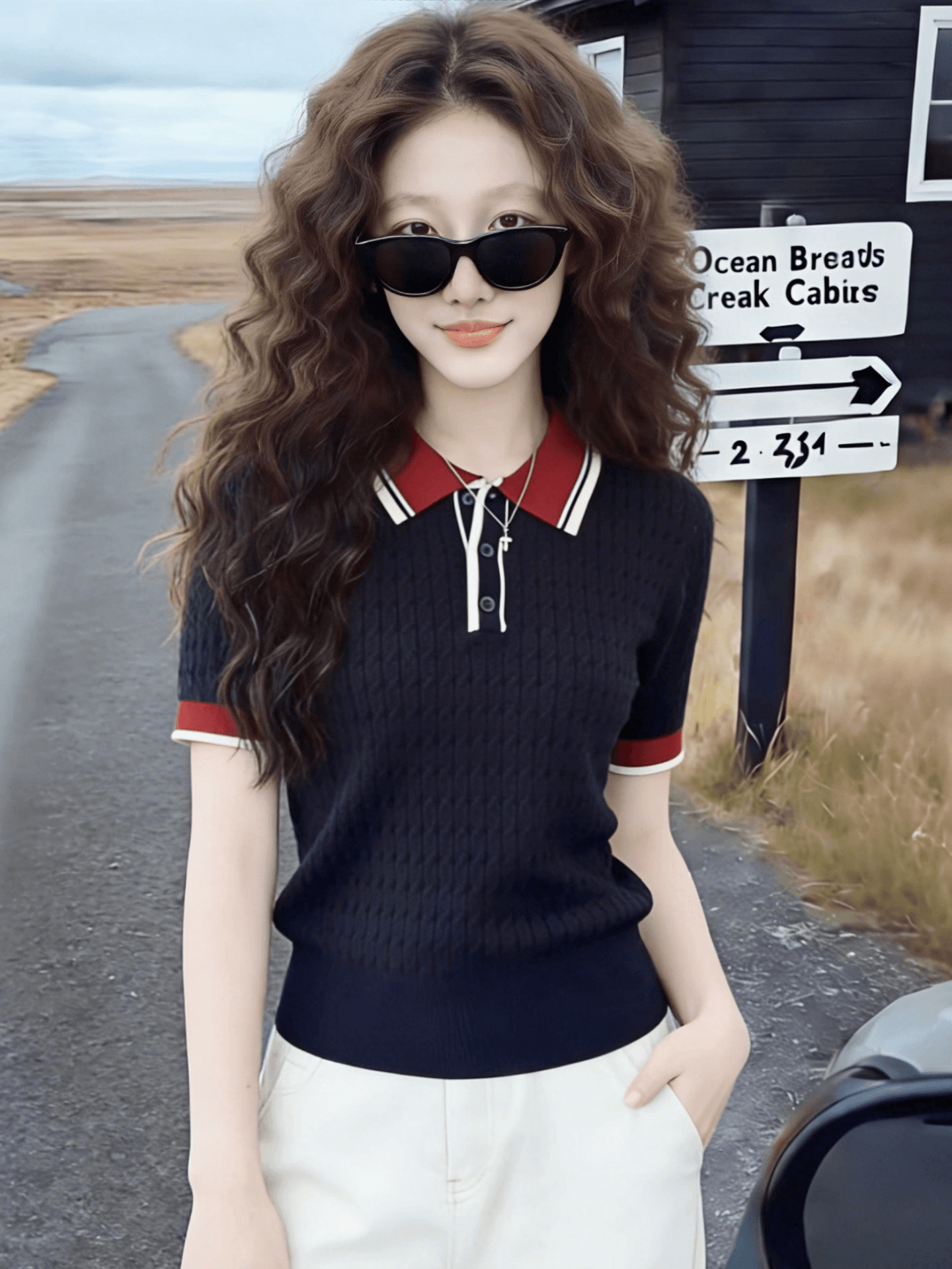 블루 색상 POLO 칼라 긍정적 인 어깨 니트 반팔 티셔츠 여성 2026 새로운 여름 빅 사이즈 지방 mm 외국 가스 작은 셔츠 맨위 상세 이미지 4