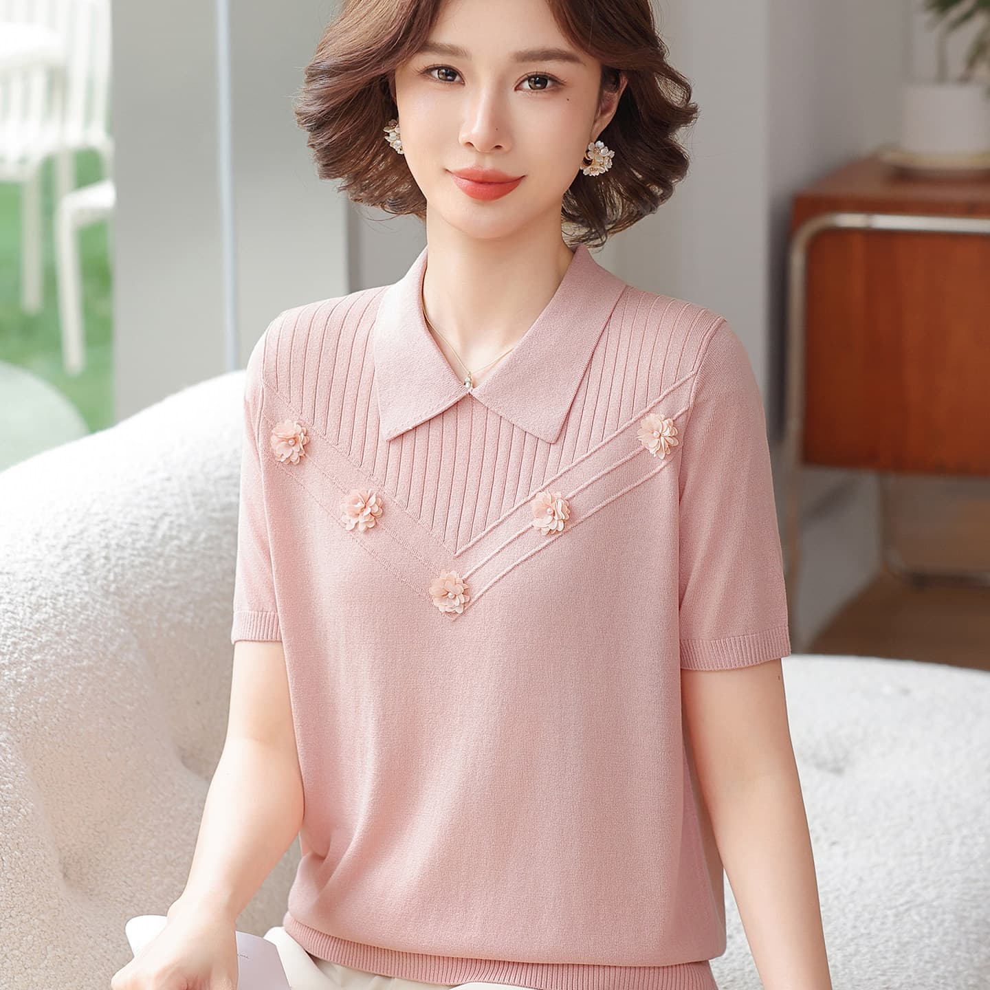 2026 새로운 엄마 여름 드레스 반팔 폴로 칼라 티셔츠 얼음 실크 중년 및 고령자 여성 의류 여름 외국 가스 맨위 세트
