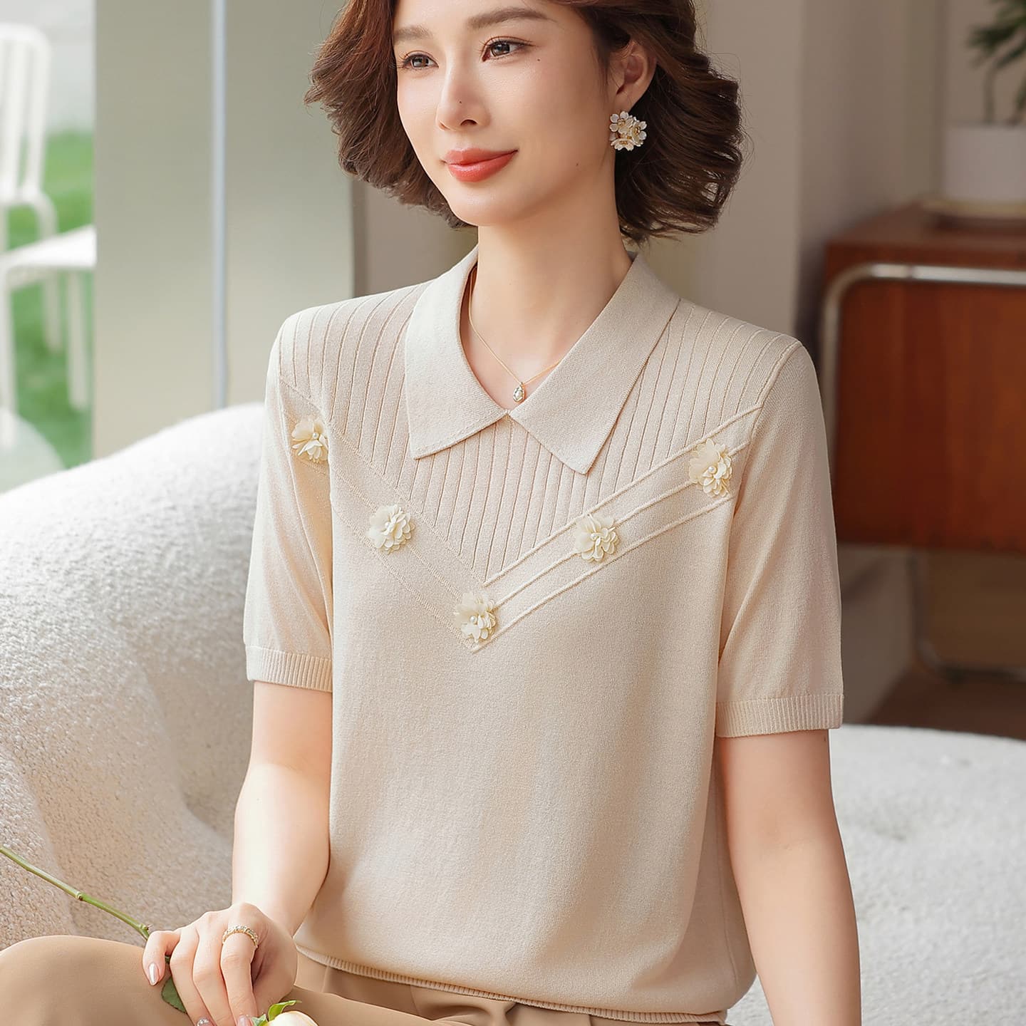 2026 새로운 엄마 여름 드레스 반팔 폴로 칼라 티셔츠 얼음 실크 중년 및 고령자 여성 의류 여름 외국 가스 맨위 세트 상세 이미지 2