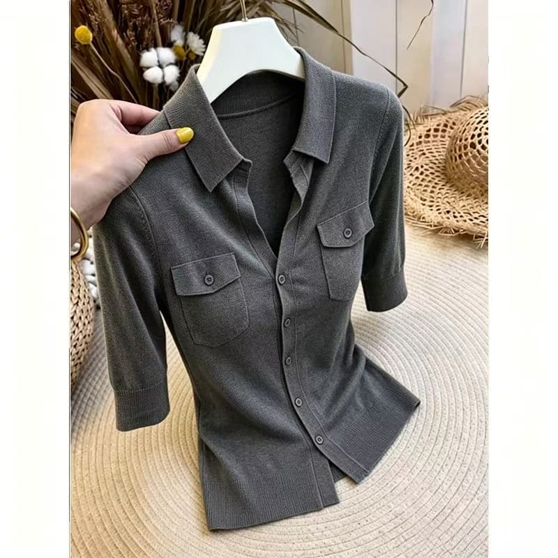 여름 고유 한 Chic 자이언트 잘 생긴 POLO 칼라 니트 오픈 가디건 여성 디자인 센스 작은 대중 몸매 가꾸기 슬림해 보이는 반팔 맨위 상세 이미지 10