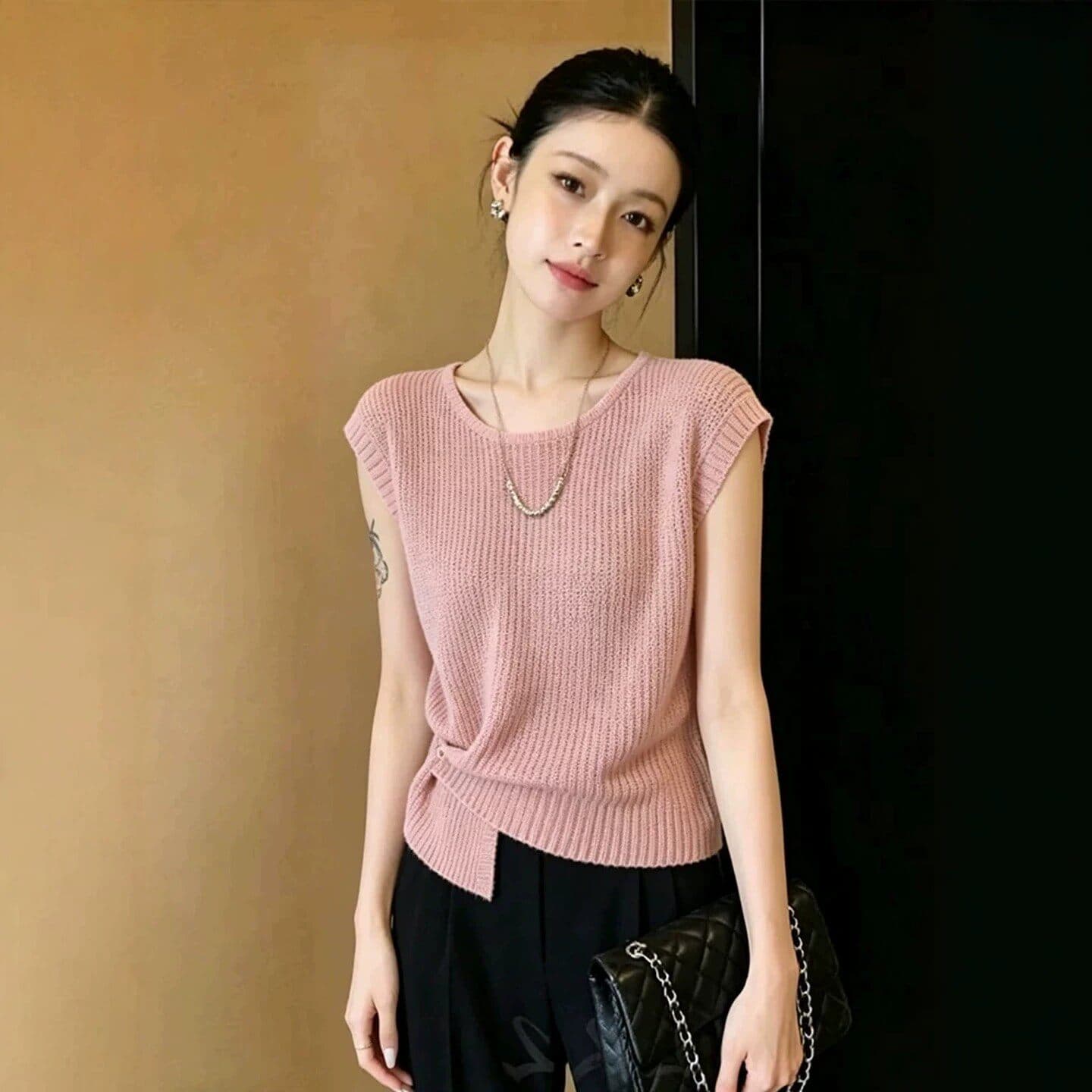 부드러운 바람 핑크색 라운드 넥 Feifei 소매 짠 셔츠 여성 2026 여름 빅 사이즈 지방 mm 한국 스타일 불규칙 반팔 맨위 상세 이미지 5