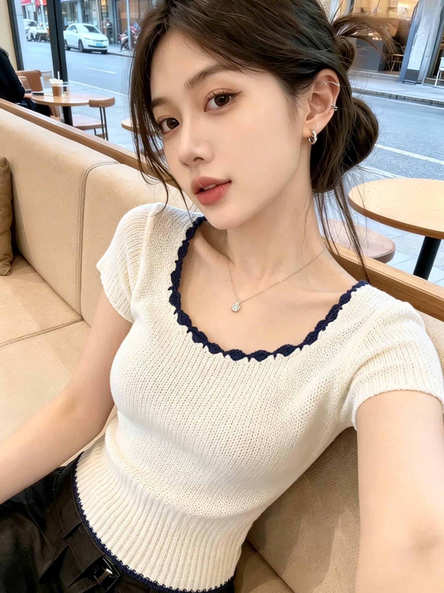 한 부서 광장 칼라 배색 긍정적 인 어깨 반팔 니트 스웨터 여성 2026 여름 새로운 몸매 가꾸기 슬림해 보이는 외국 가스 쇼트 스타일 맨위 이미지 4
