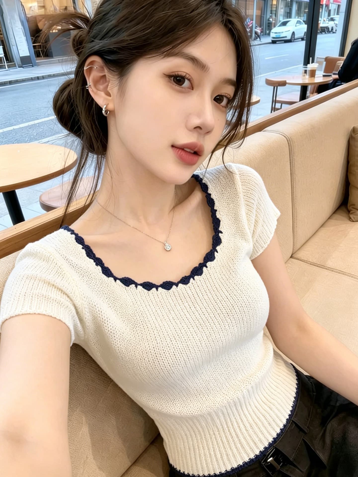 한 부서 광장 칼라 배색 긍정적 인 어깨 반팔 니트 스웨터 여성 2026 여름 새로운 몸매 가꾸기 슬림해 보이는 외국 가스 쇼트 스타일 맨위 상세 이미지 5