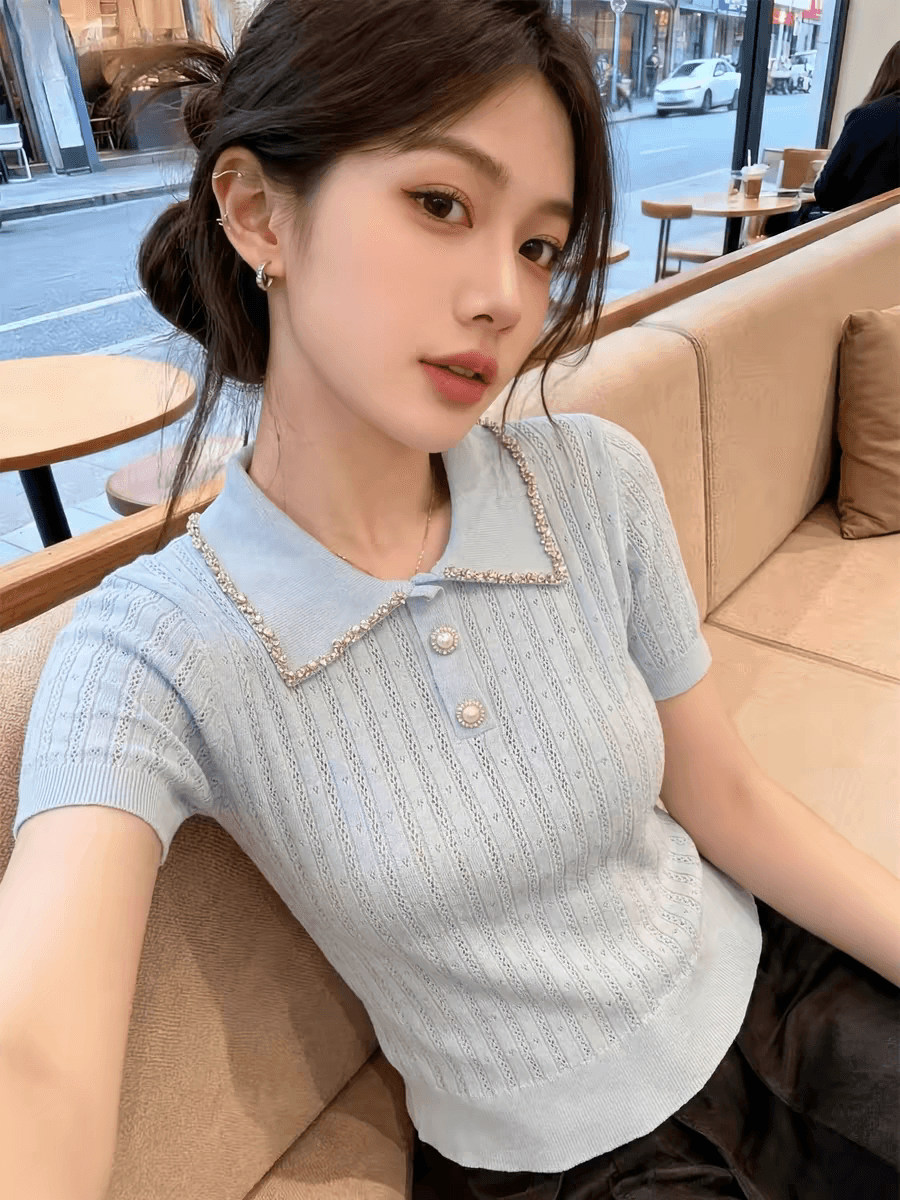 한 부서 무거운 작업 다이아몬드 세팅 POLO 칼라 반팔 니트 스웨터 여성 2026 여름 자이언트 잘 생긴 아름다운 맨위 이미지 4