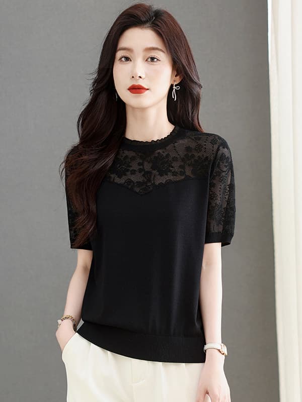 검정색 레이스 라운드 넥 얼음 실크 반팔 티셔츠 여성 2026 여름 새로운 망사 패치워크 라이 경기 서울 주간 실크 동정 이미지 3