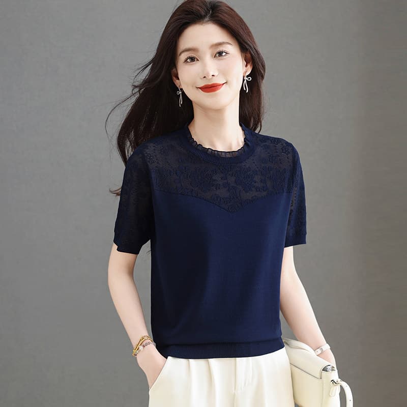 검정색 레이스 라운드 넥 얼음 실크 반팔 티셔츠 여성 2026 여름 새로운 망사 패치워크 라이 경기 서울 주간 실크 동정 상세 이미지 7