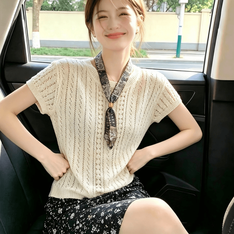 오래된 돈 바람 비즈 스카프 홀로우 아웃 반팔 니트 스웨터 여성 2026 여름 섹션 외국 가스 다용도 맨위 상세 이미지 2