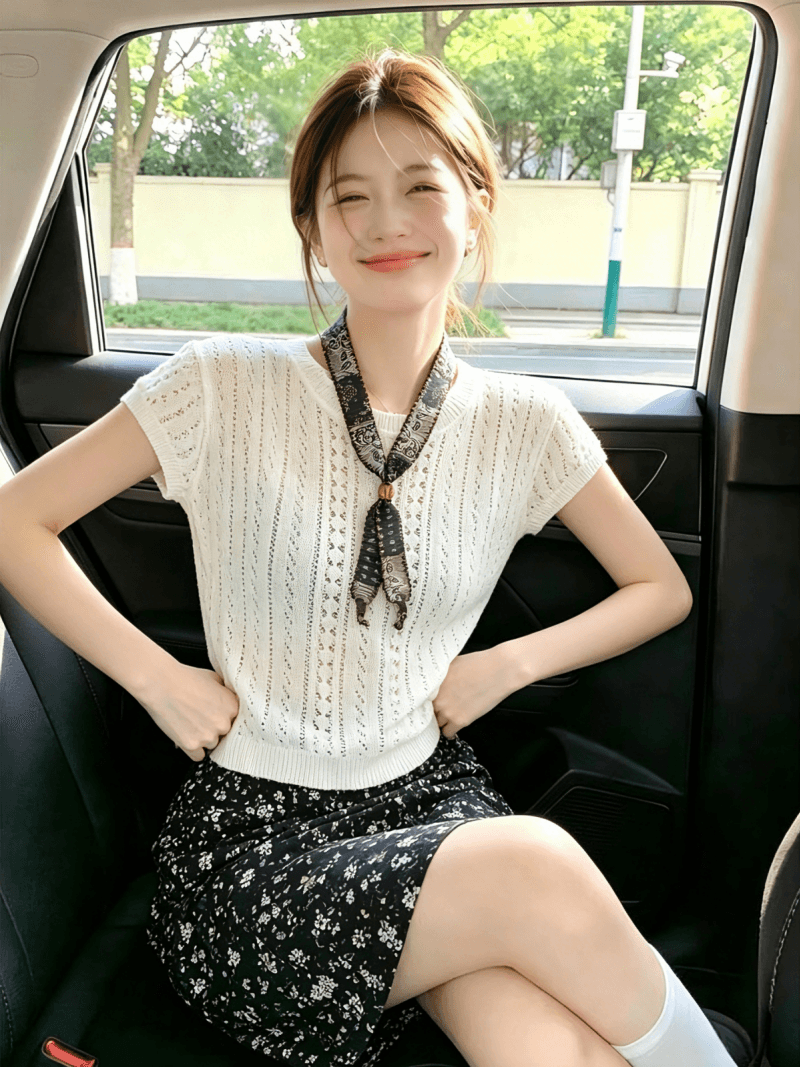 오래된 돈 바람 비즈 스카프 홀로우 아웃 반팔 니트 스웨터 여성 2026 여름 섹션 외국 가스 다용도 맨위 상세 이미지 6