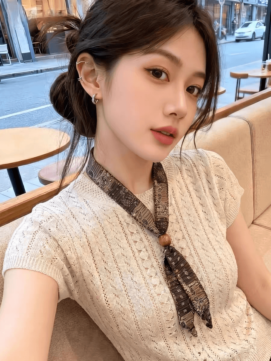 오래된 돈 바람 비즈 스카프 홀로우 아웃 반팔 니트 스웨터 여성 2026 여름 섹션 외국 가스 다용도 맨위 이미지 3
