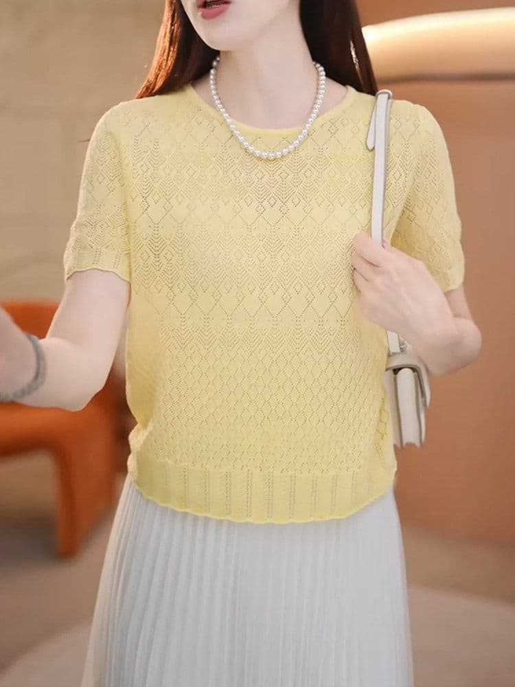 핑크색 작은 샤넬 스타일 자수 홀로우 아웃 반팔 얼음 실크 니트 스웨터 여성 여름 새로운 고급 센스 품격 캐주얼 맨위 상세 이미지 10