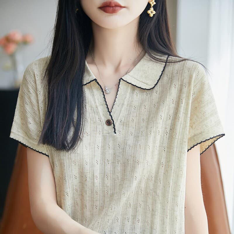 POLO 칼라 배색 측면 니트 반팔 다용도 외국 가스 부드러운 출퇴근 맨위 편안함 부드러운 찹쌀 주간 실크 티셔츠 작은 셔츠 상세 이미지 1