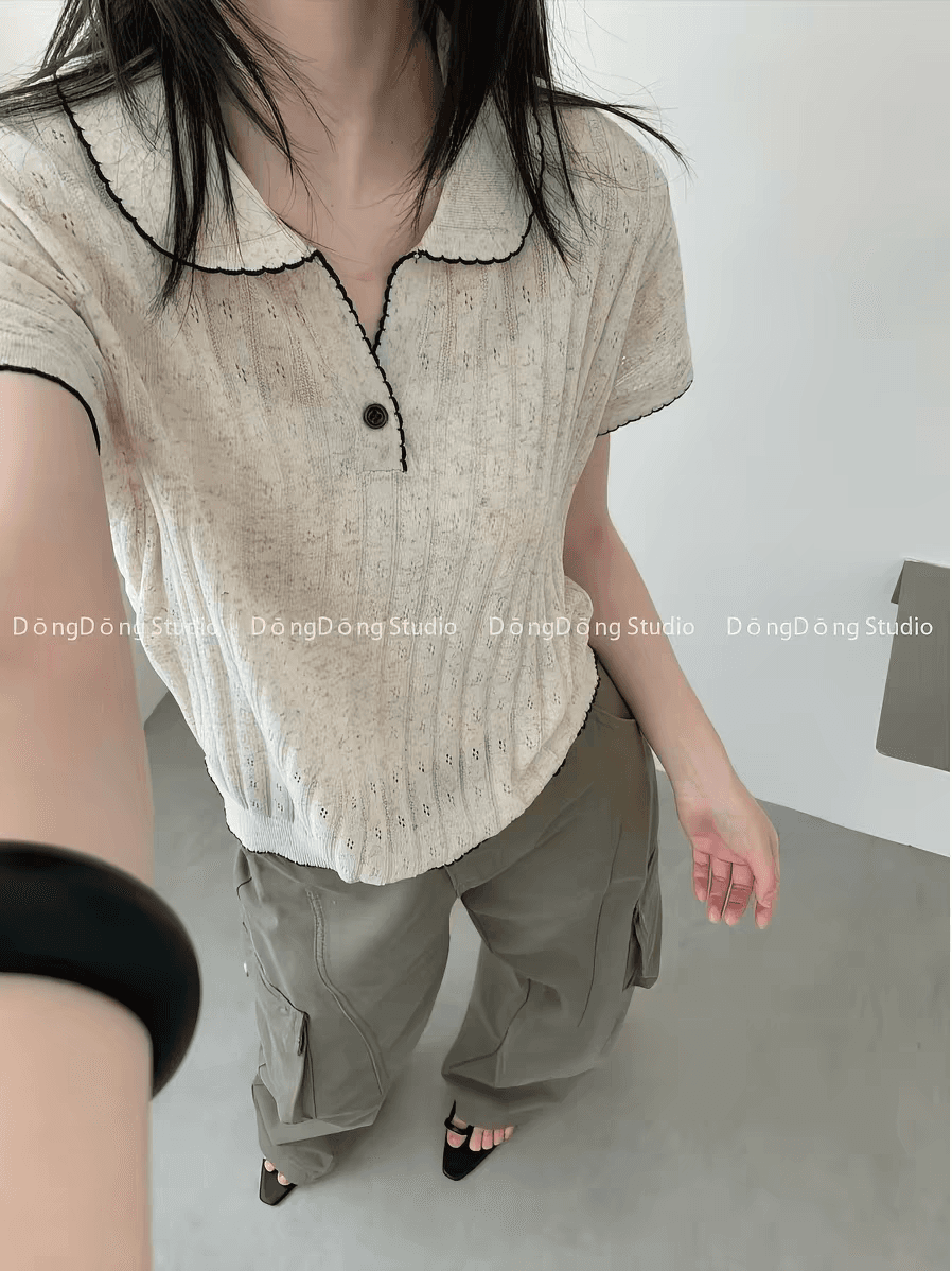 POLO 칼라 배색 측면 니트 반팔 다용도 외국 가스 부드러운 출퇴근 맨위 편안함 부드러운 찹쌀 주간 실크 티셔츠 작은 셔츠 이미지 4