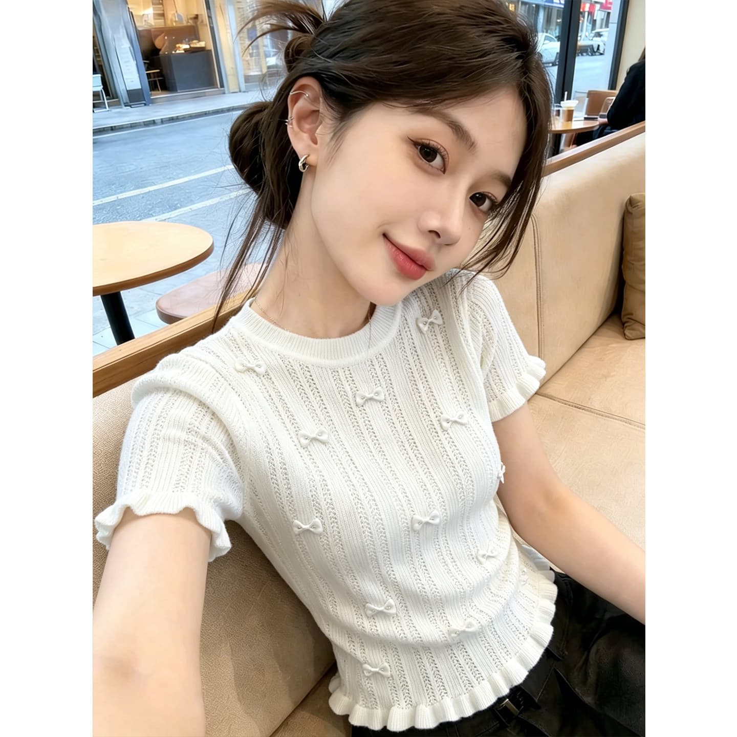 올해 인기 폭발 라운드 넥 프릴 홀로우 아웃 반팔 니트 스웨터 여성 여름 새로운 몸매 가꾸기 슬림해 보이는 맨위 트렌디 이미지 2