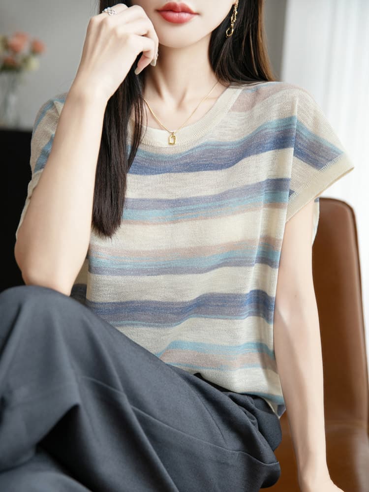 2026 여름 그라데이션 색상 배색 스트라이프 반팔 니트 티셔츠 여성 빛 얇은 얼음 실크 작은 날다 소매 캐주얼 다용도 맨위 상세 이미지 5