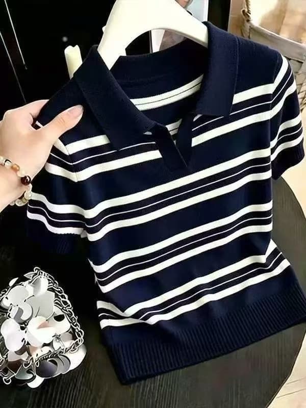 학원 스타일 스트라이프 POLO 칼라 니트 반팔 티셔츠 여성 여름 2026 새로운 작은 키 외국 가스 연령 감소 맨위 상세 이미지 1