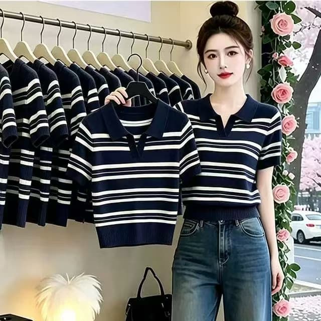학원 스타일 스트라이프 POLO 칼라 니트 반팔 티셔츠 여성 여름 2026 새로운 작은 키 외국 가스 연령 감소 맨위 상세 이미지 4