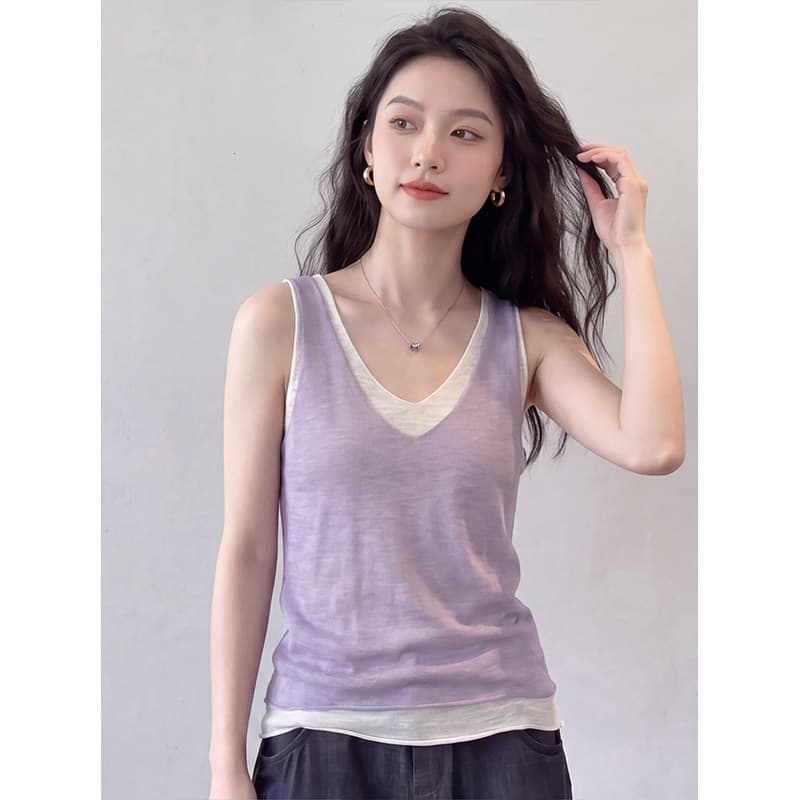 일반 캐주얼 바람 룽 희 언어 품격 V넥 페이크 레이어드 조끼 여성 보라색 민소매 고급 센스 기본 셔츠 맨위 상세 이미지 4
