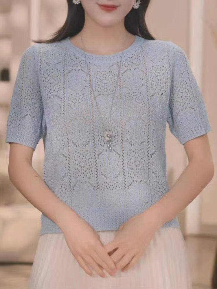 라이 경기 서울 주간 실크 라운드 넥 반팔 여성 2026 년 여름 얇은 스타일 홀로우 아웃 다용도 연령 감소 니트 스웨터 맨위 티셔츠 상세 이미지 1