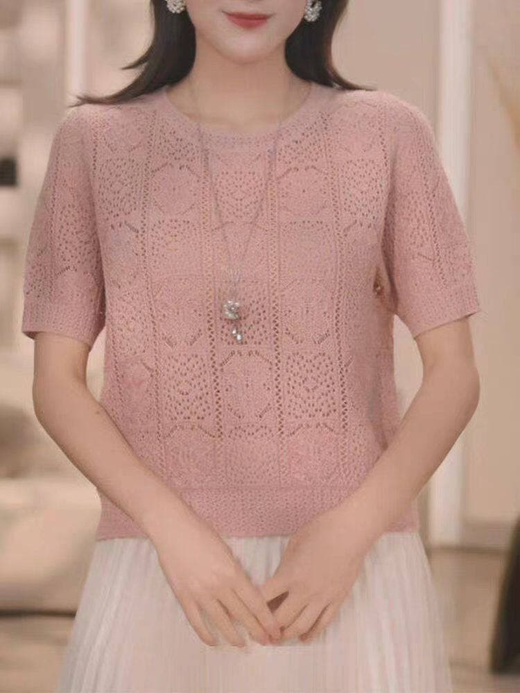 라이 경기 서울 주간 실크 라운드 넥 반팔 여성 2026 년 여름 얇은 스타일 홀로우 아웃 다용도 연령 감소 니트 스웨터 맨위 티셔츠 상세 이미지 2