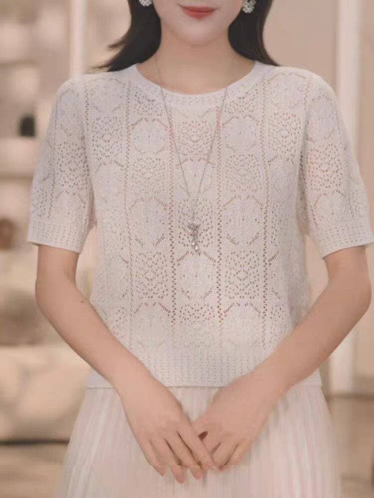 라이 경기 서울 주간 실크 라운드 넥 반팔 여성 2026 년 여름 얇은 스타일 홀로우 아웃 다용도 연령 감소 니트 스웨터 맨위 티셔츠 상세 이미지 3