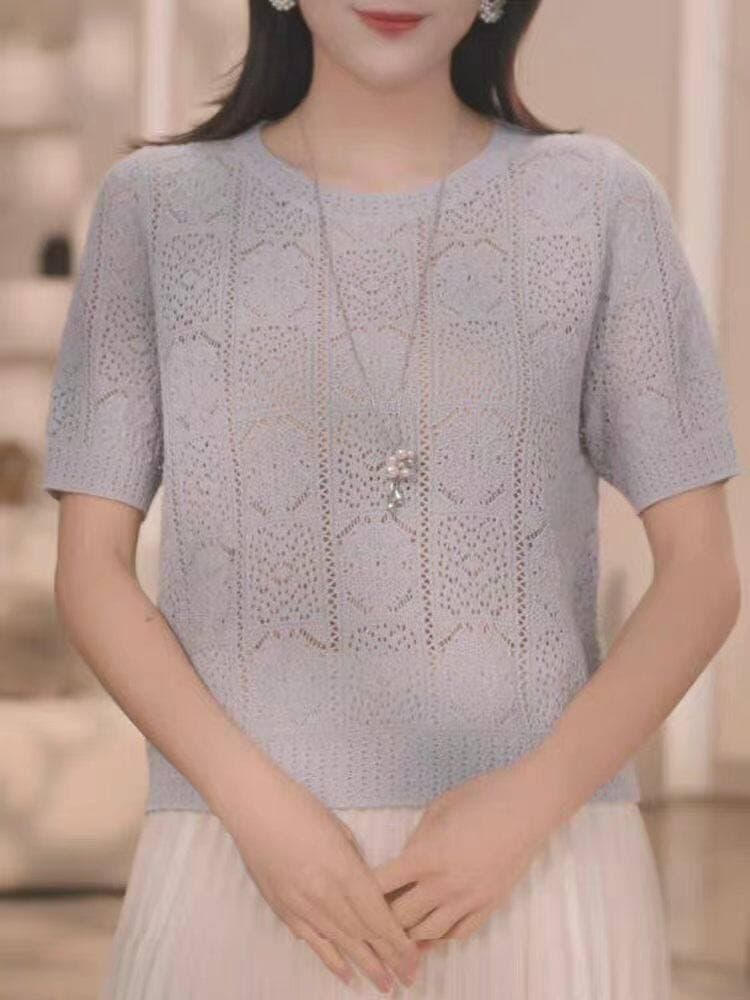 라이 경기 서울 주간 실크 라운드 넥 반팔 여성 2026 년 여름 얇은 스타일 홀로우 아웃 다용도 연령 감소 니트 스웨터 맨위 티셔츠 상세 이미지 5