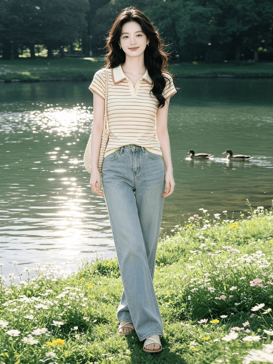 한 부서 POLO 칼라 스트라이프 배색 반팔 니트 스웨터 여성 2026 여름 새로운 몸매 가꾸기 슬림해 보이는 외국 가스 맨위 트렌디 이미지 4