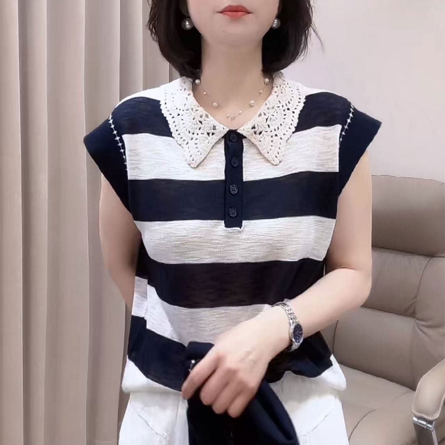 패션 자수 베이비 칼라 얇은 스타일 니트 스웨터 여성 2026 여름 새로운 루즈핏 캐주얼 다용도 Feifei 소매 맨위 이미지 2