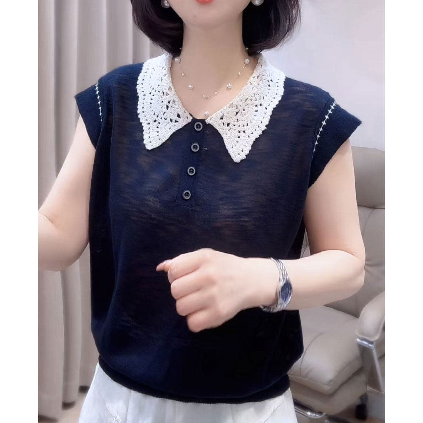 패션 자수 베이비 칼라 얇은 스타일 니트 스웨터 여성 2026 여름 새로운 루즈핏 캐주얼 다용도 Feifei 소매 맨위 상세 이미지 2