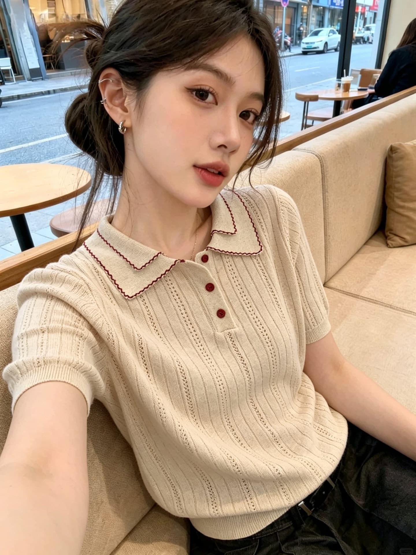 POLO 칼라 니트 반팔 티셔츠 여성 여름 얇은 스타일 홀로우 아웃 느긋한 느슨함 센스 슬림해 보이는 루즈핏 맨위