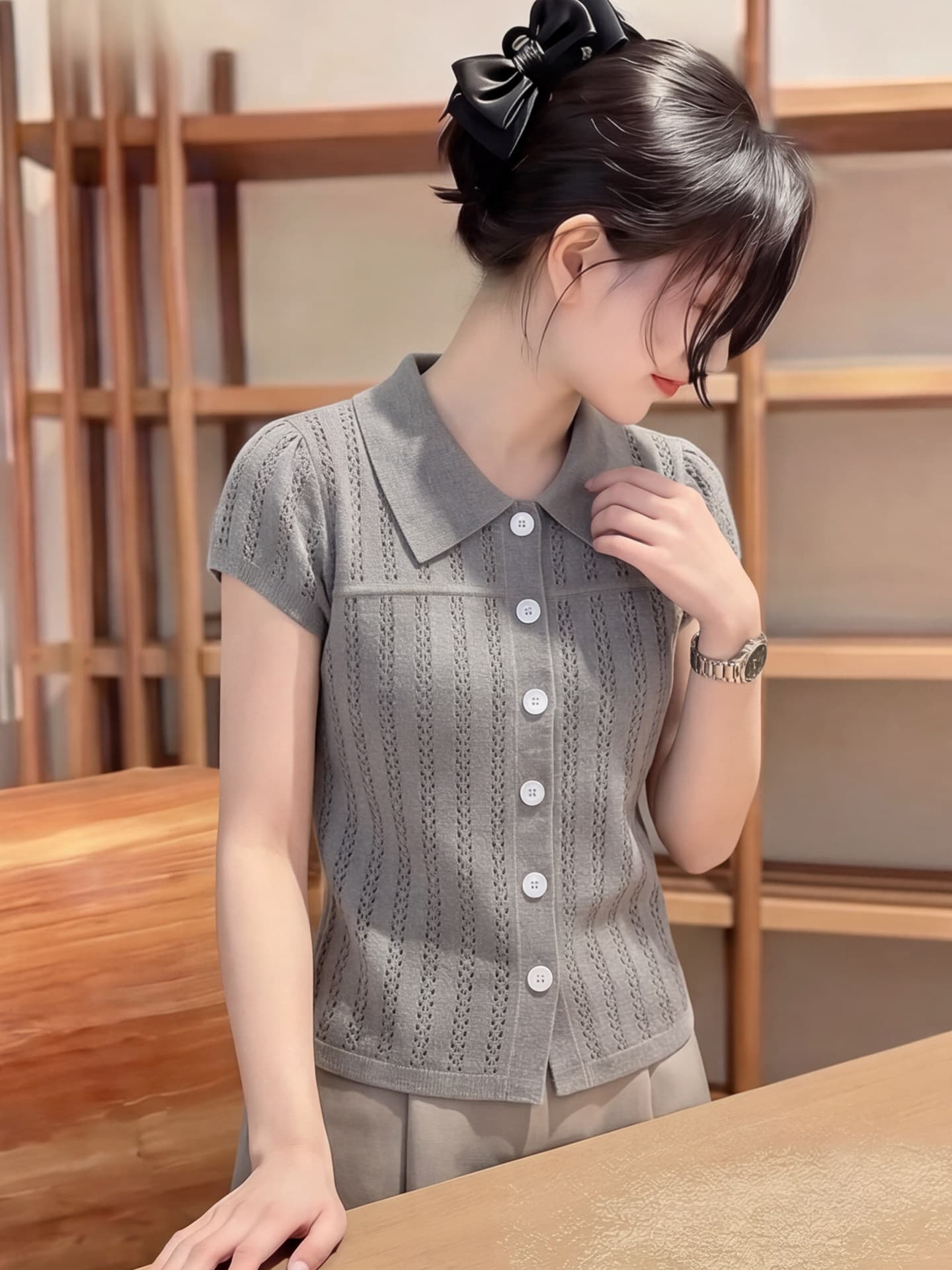 프랑스식 사소한 아름다운 회색 폴로 칼라 오픈 가디건 반팔 여성 셔츠 여름 아니요 명중 섹션 얼음 실크 니트 다용도 맨위 이미지 3