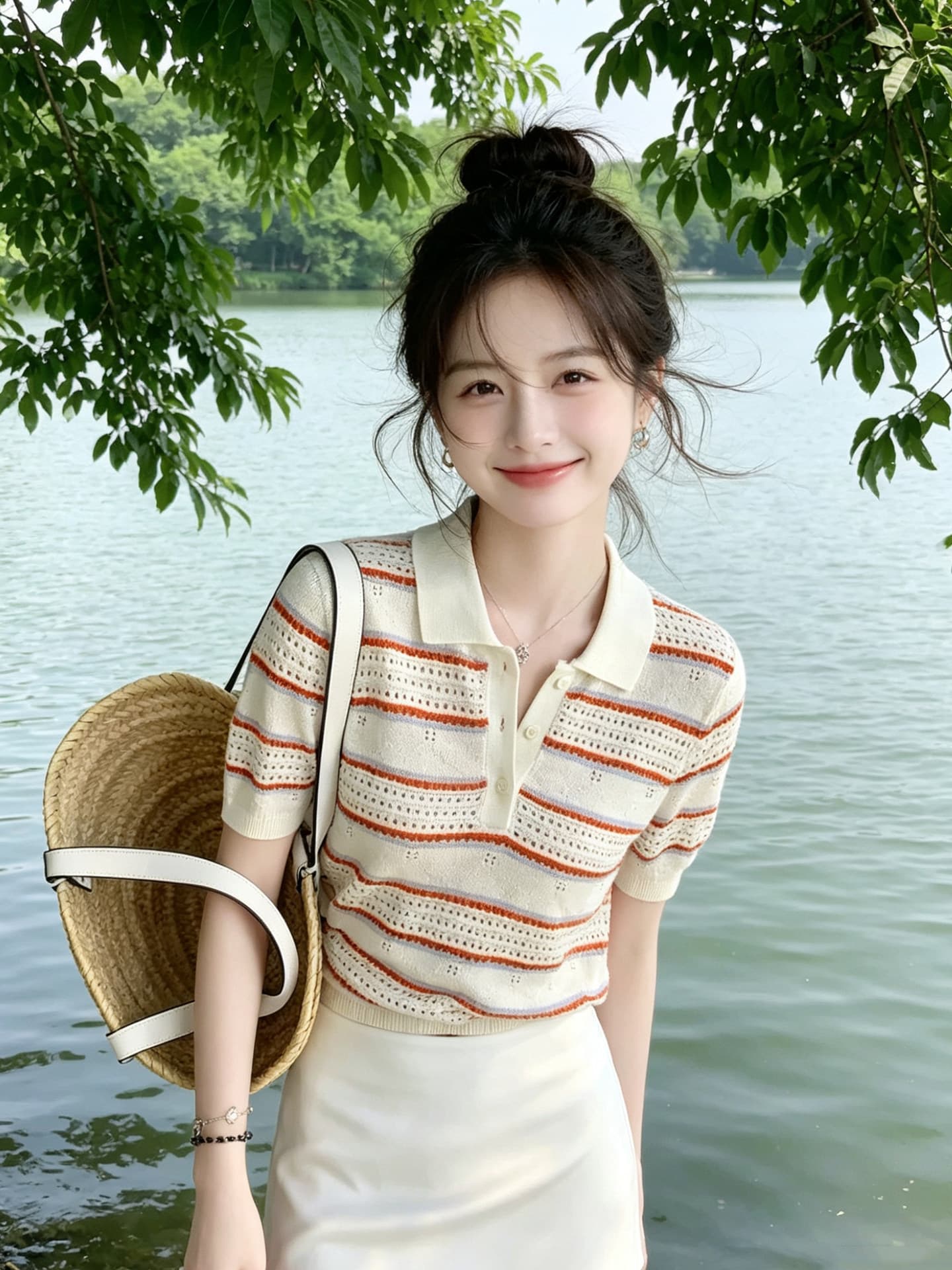 레트로 스트라이프 홀로우 아웃 POLO 칼라 니트 티셔츠 여성 여름 고유 한 Chic 몸매 가꾸기 슬림해 보이는 다용도 얇은 스타일 맨위 이미지 4