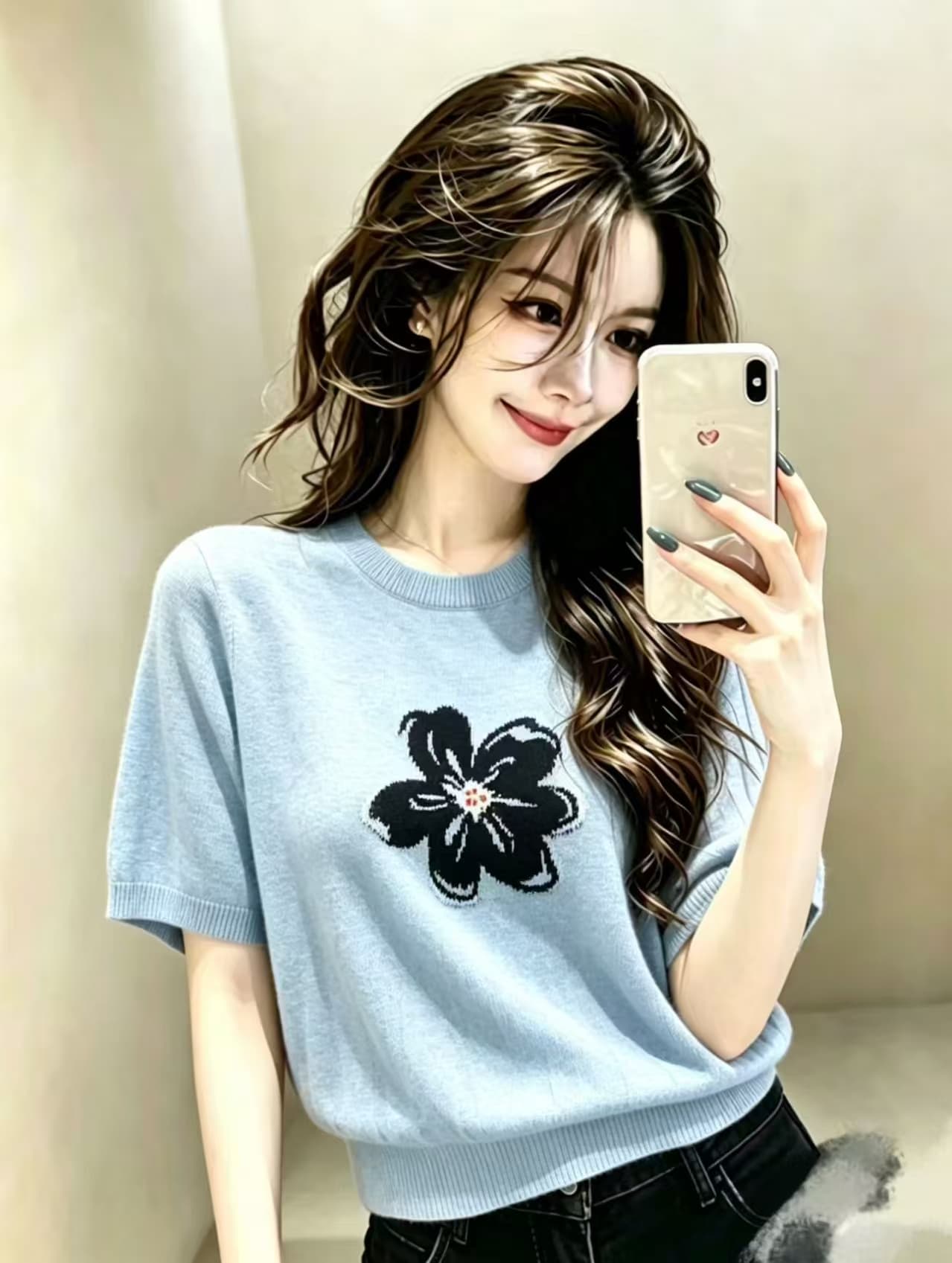 2026 여름 새로운 회색 라운드 넥 니트 스웨터 여성 도파민 자카드 연령 감소 긍정적 인 어깨 반팔 얇은 맨위 상세 이미지 1
