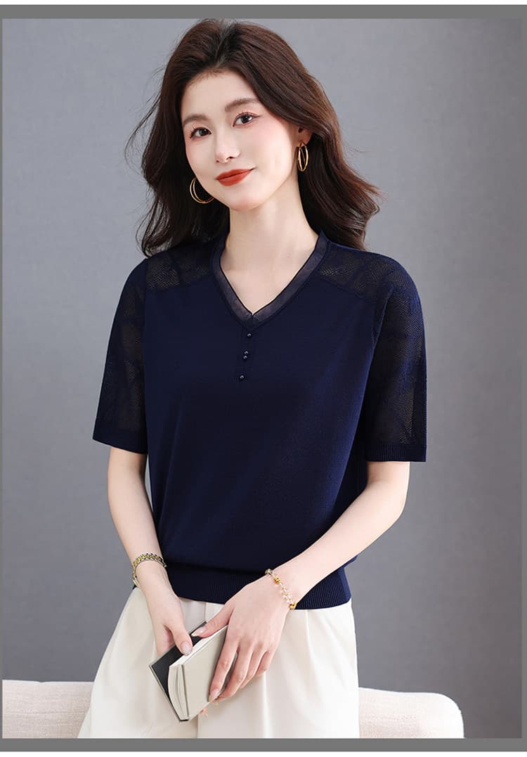 얼음 실크 반팔 티셔츠 여성 POLO 셔츠 2026 여름 고급 센스 홀로우 아웃 맨위 얼음 실크 니트 작은 셔츠 상세 이미지 10