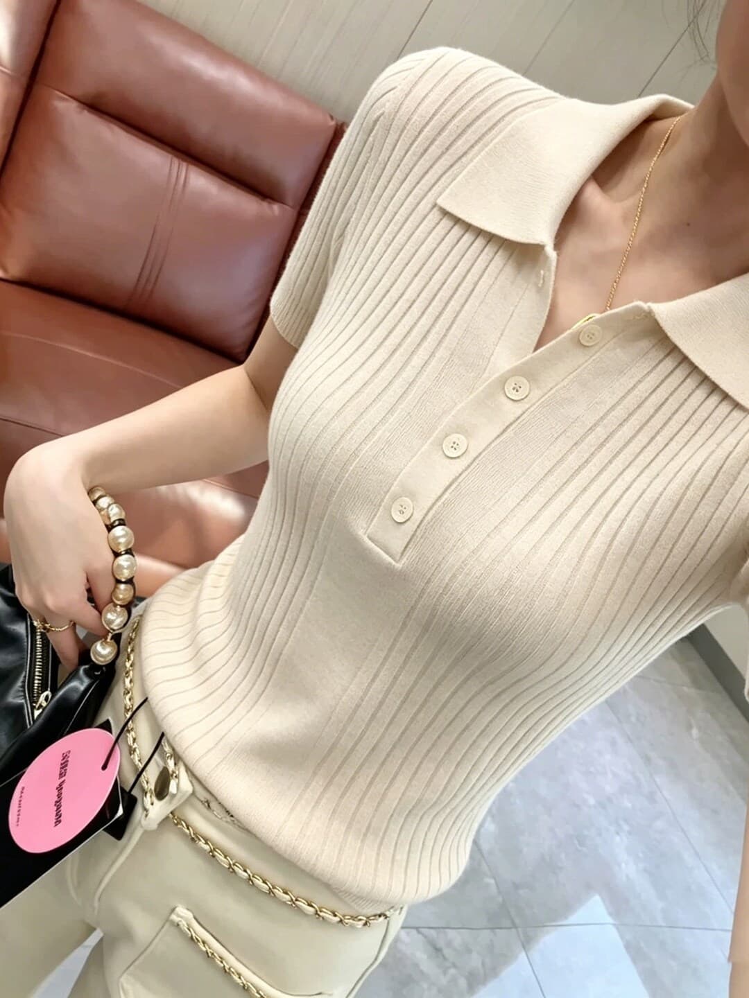 한 부서 단추 POLO 칼라 긍정적 인 어깨 반팔 니트 스웨터 여성 여름 2026 새로운 몸매 가꾸기 슬림해 보이는 미니멀리즘 작은 맨위 상세 이미지 1