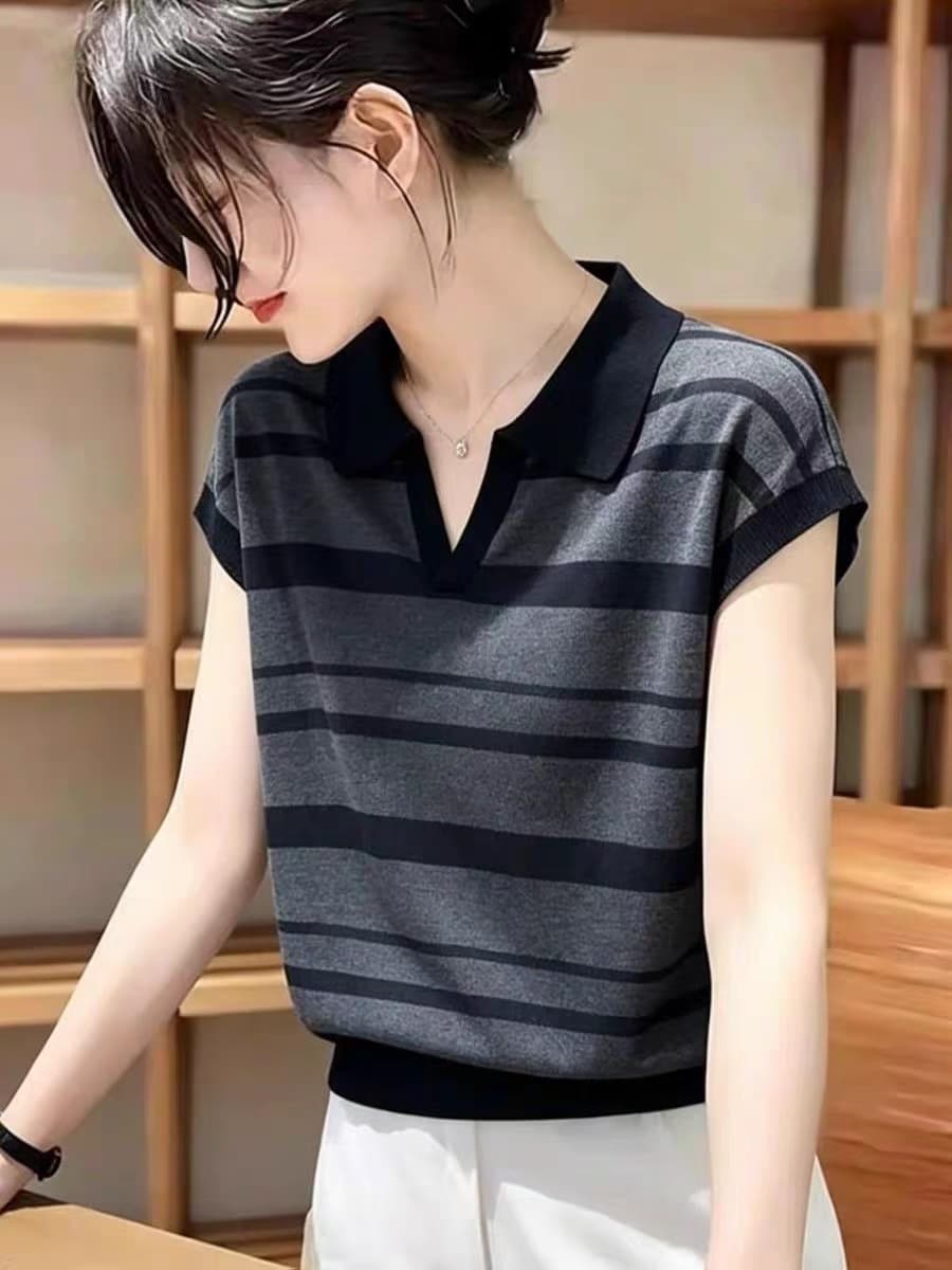 한 부서 레트로 캐주얼 POLO 칼라 스트라이프 반팔 니트 스웨터 여성 여름 새로운 패션 슬림해 보이는 품격 맨위 트렌디 상세 이미지 1