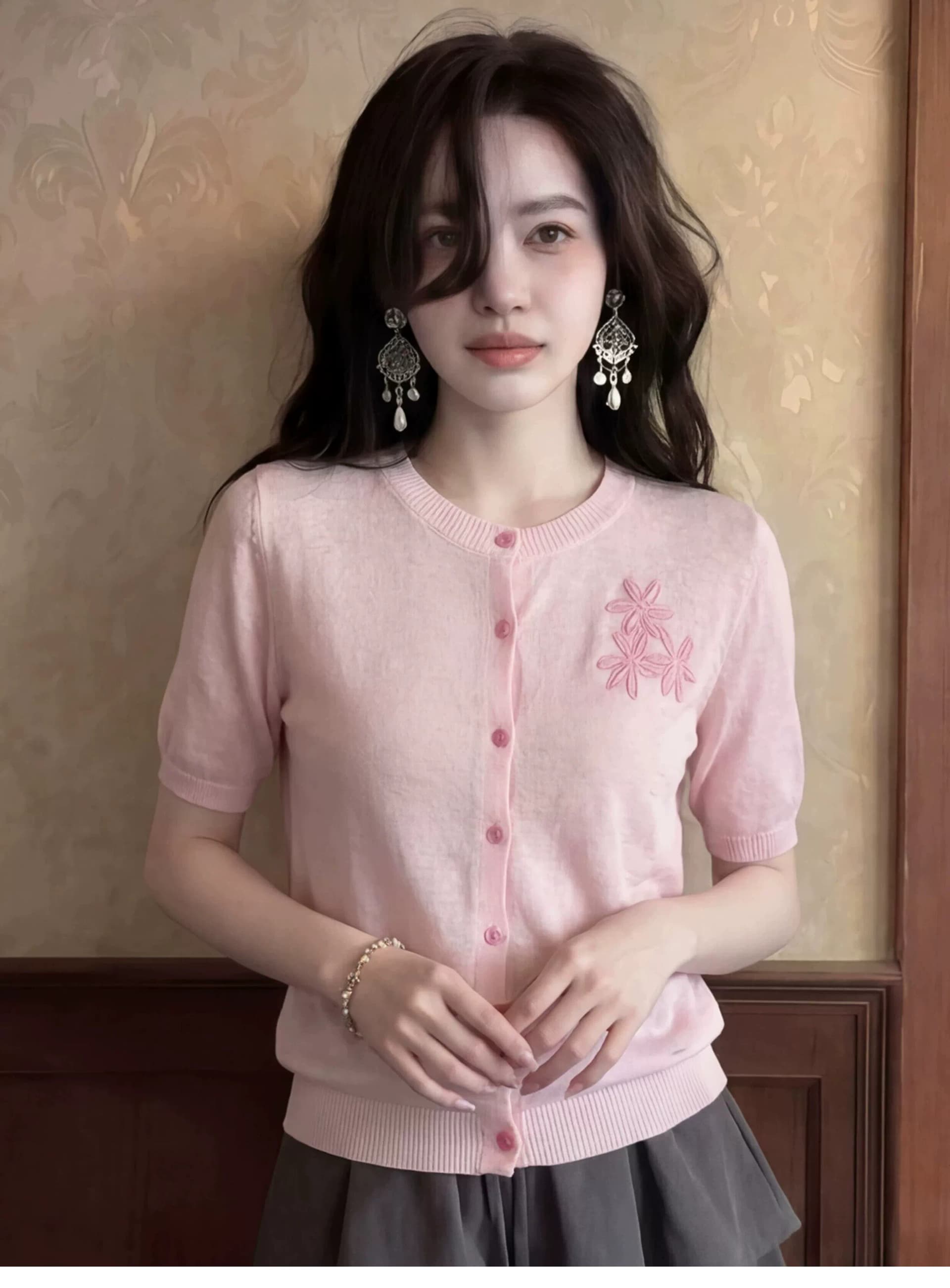 여름 자이언트 잘 생긴 ~ 중 절묘한 디자인 센스 여성 아름다운 핑크색 자카드 얼음 실크 니트 긍정적 인 어깨 반팔 티셔츠 맨위 이미지 4