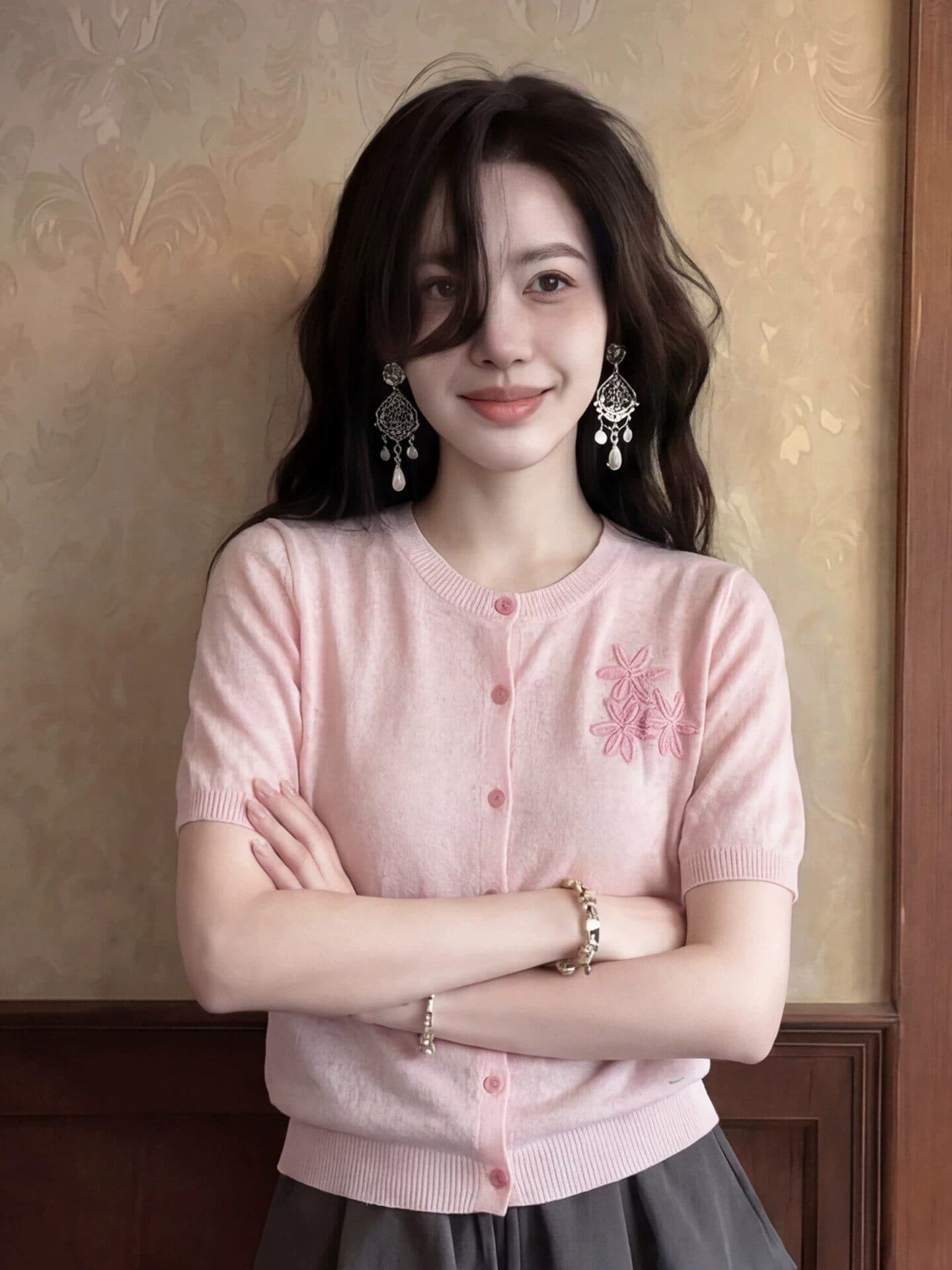 여름 자이언트 잘 생긴 ~ 중 절묘한 디자인 센스 여성 아름다운 핑크색 자카드 얼음 실크 니트 긍정적 인 어깨 반팔 티셔츠 맨위 이미지 2