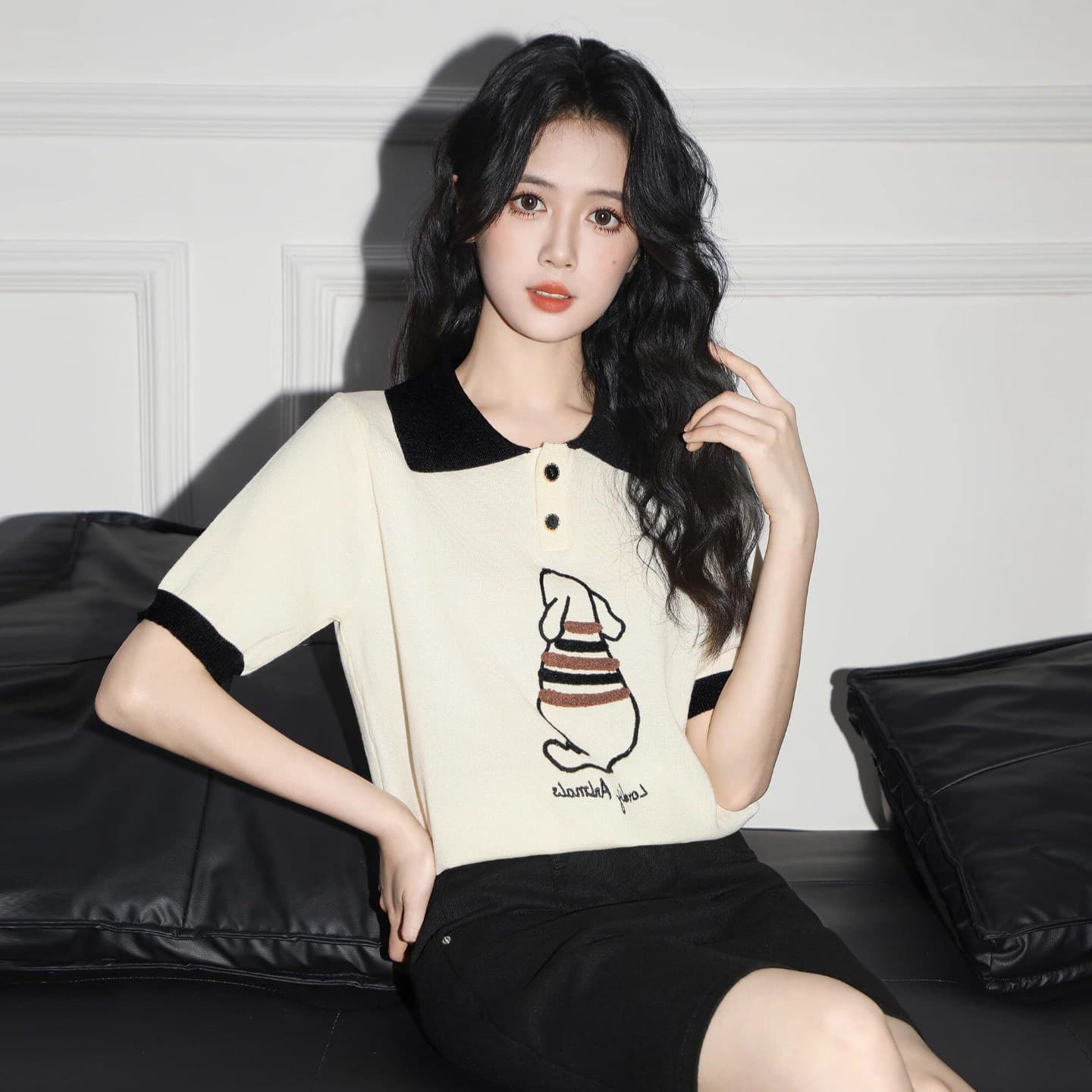 2026 여름 여성 레저 잘 생긴 만화 애니메이션 디자인 센스 배색 폴로 칼라 반팔 티셔츠 맨위 베이비 칼라 반팔 이미지 3