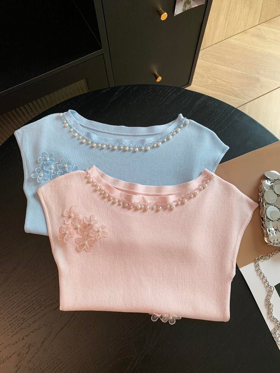 비즈 박기 3 차원 꽃 Feifei 소매 짠 셔츠 여성 여름 새로운 달콤한 스타일 슬림해 보이는 맨위 상세 이미지 4