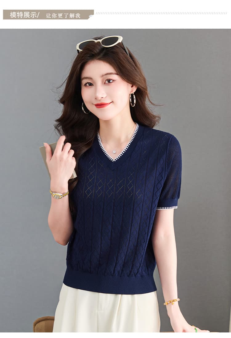 실크 V넥 홀로우 아웃 니트 스웨터 여성 의류 2026 여름 얇은 스타일 루즈핏 빅 사이즈 반팔 티셔츠 얼음 실크 맨위 상세 이미지 8