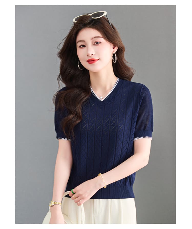 실크 V넥 홀로우 아웃 니트 스웨터 여성 의류 2026 여름 얇은 스타일 루즈핏 빅 사이즈 반팔 티셔츠 얼음 실크 맨위 상세 이미지 9