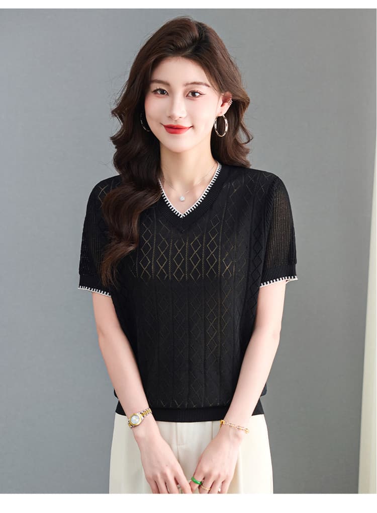 실크 V넥 홀로우 아웃 니트 스웨터 여성 의류 2026 여름 얇은 스타일 루즈핏 빅 사이즈 반팔 티셔츠 얼음 실크 맨위 상세 이미지 23
