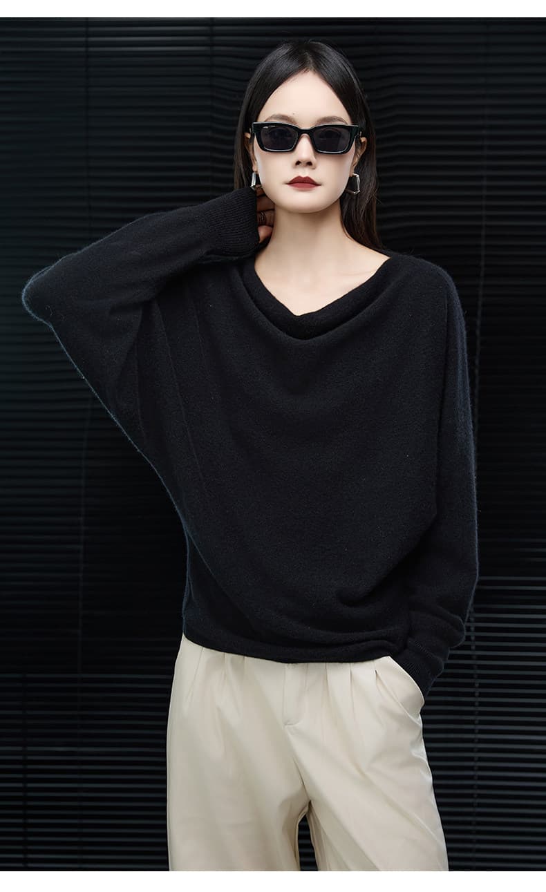 가을 겨울 새로운 한 단어 흔들다 칼라 양모 스웨터 여성 루즈핏 니트 느긋한 배트윙 소매 스웨터 디자인 센스 외국 가스 맨위 상세 이미지 35