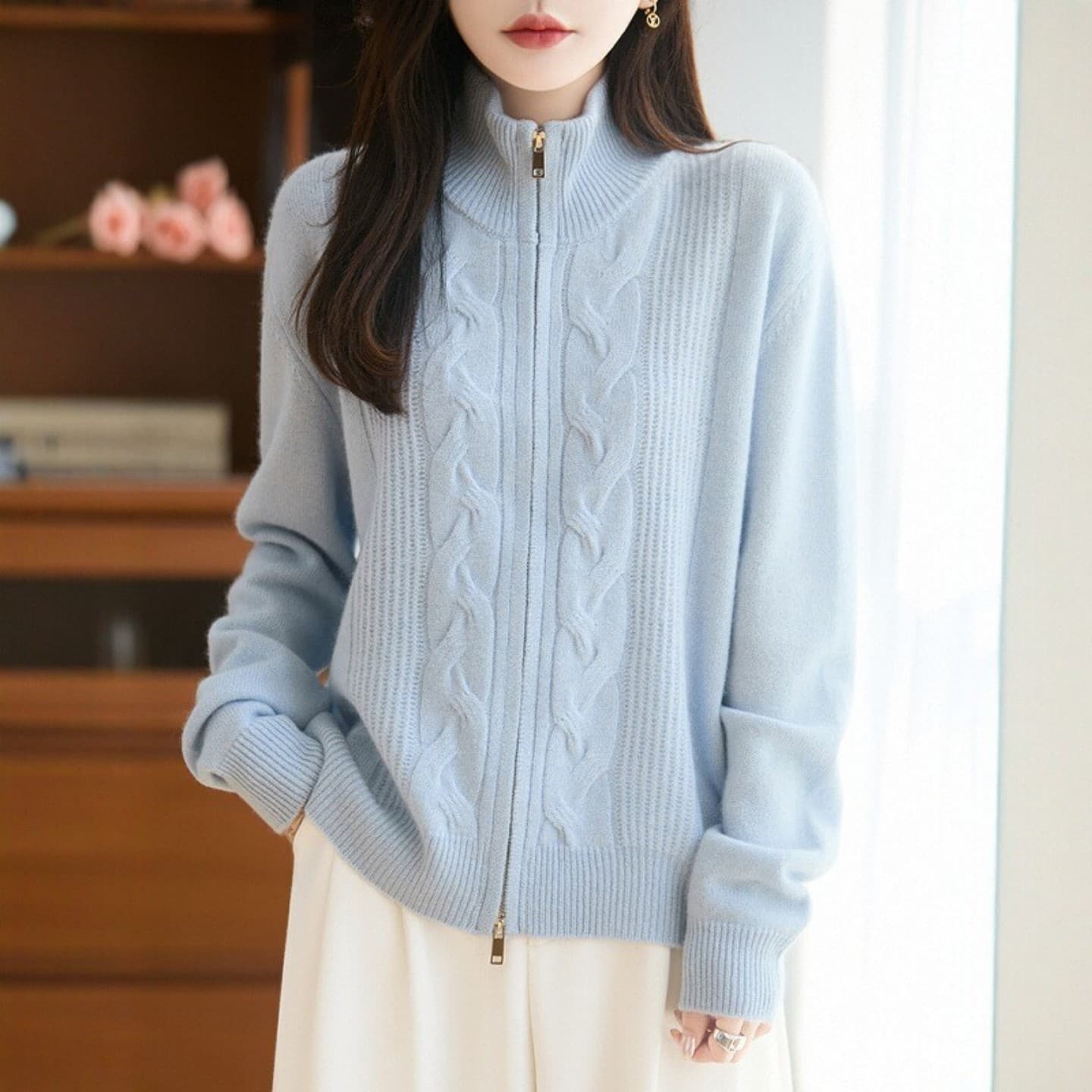 2026 가을 겨울 양모 지퍼 오픈 가디건 여성 스탠드 칼라 두꺼운 니트 스웨터 외부 가져 가라. 루즈핏 양모 재킷 이미지 4