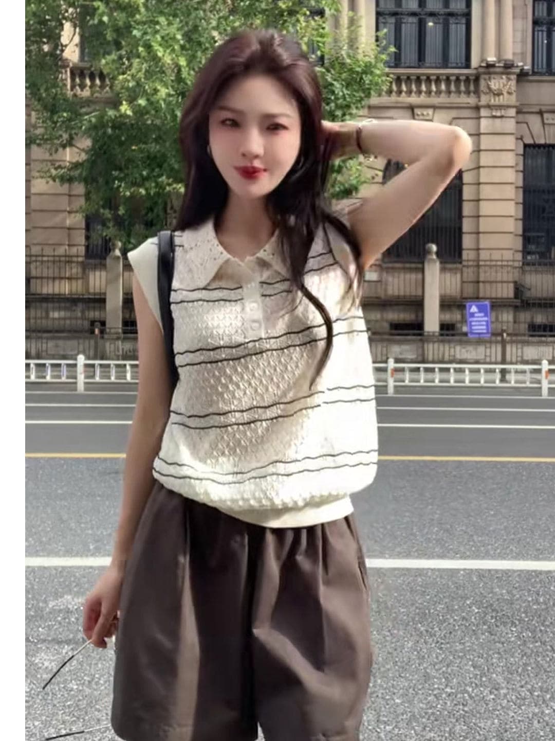 디자인 센스 긍정적 인 어깨 폴로 칼라 스트라이프 민소매 니트 스웨터 여성 여름 연령 감소 슬림해 보이는 차가운 센스 POLO 칼라 조끼 맨위 이미지 3
