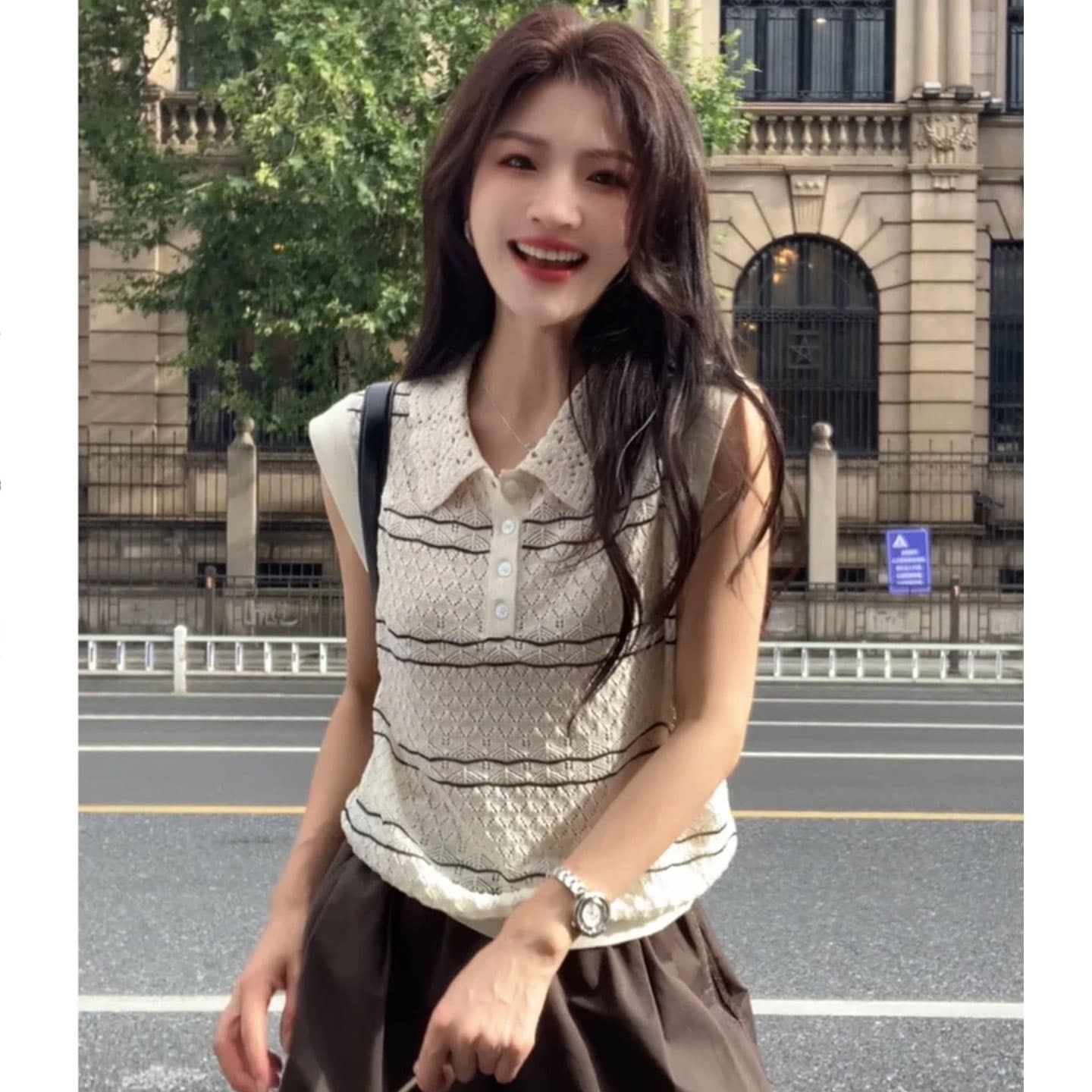 디자인 센스 긍정적 인 어깨 폴로 칼라 스트라이프 민소매 니트 스웨터 여성 여름 연령 감소 슬림해 보이는 차가운 센스 POLO 칼라 조끼 맨위 상세 이미지 6