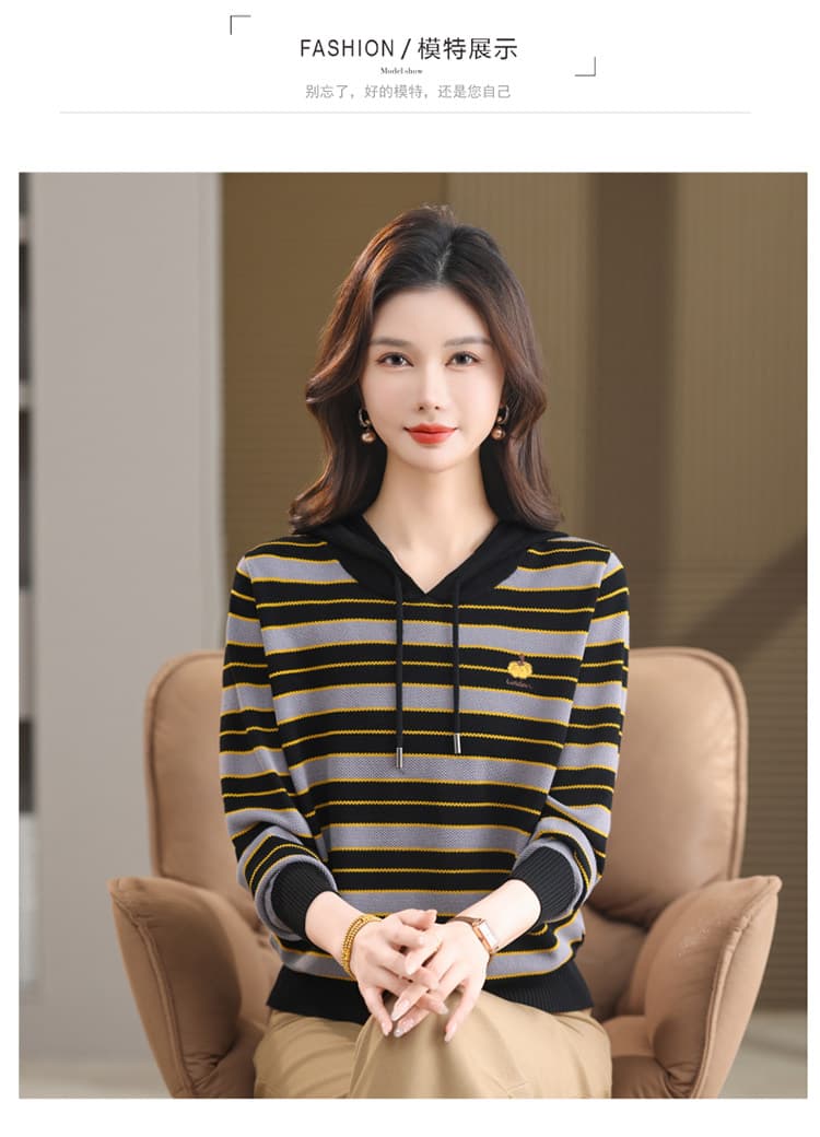 어머니 드레스 봄 가을 후드 티 스웨터 여성 새로운 스트라이프 니트 스웨터 지방 mm 루즈핏 빅 사이즈 외국 가스 얼음 실크 얇은 맨위 상세 이미지 4