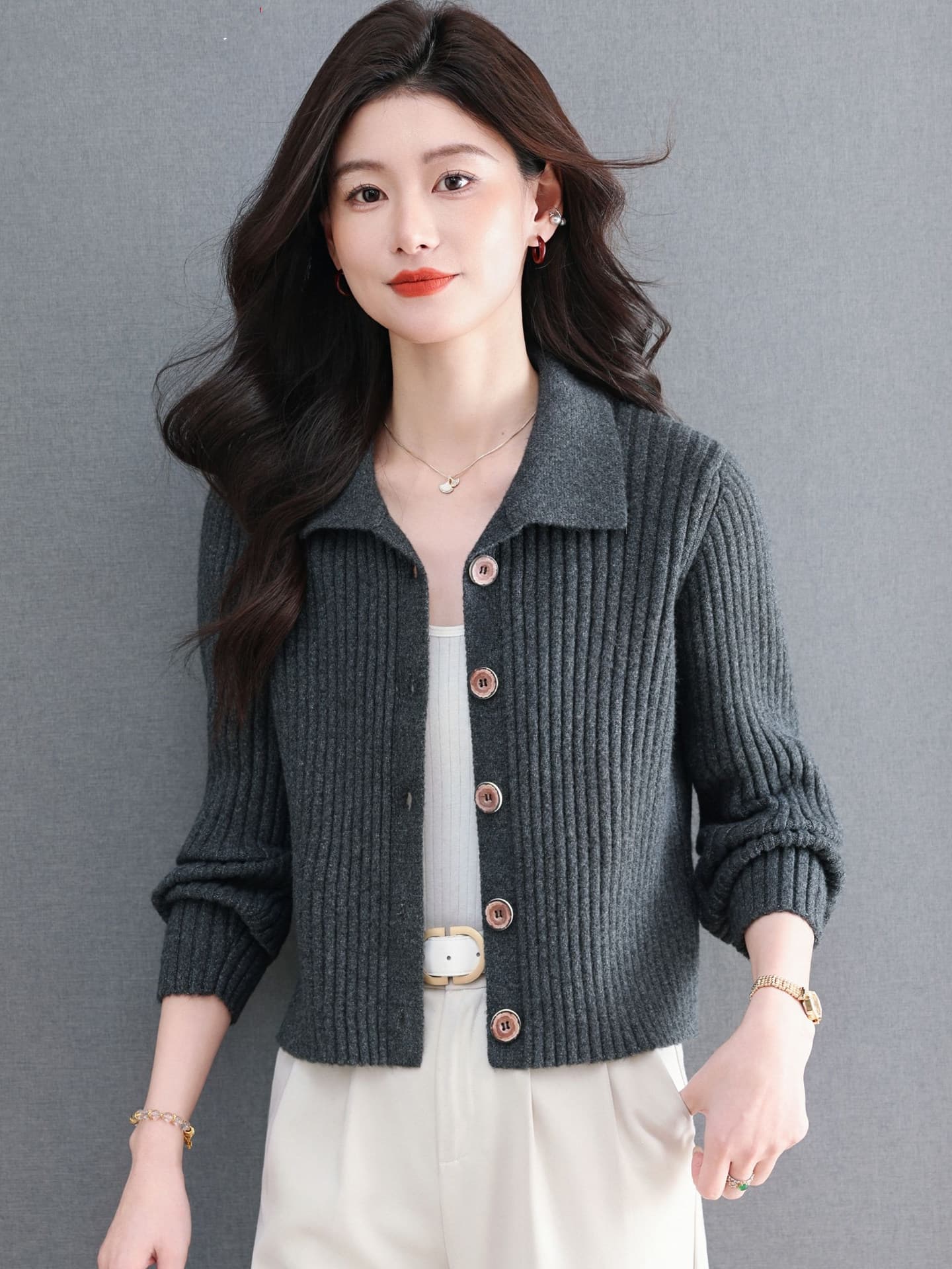 폴로 칼라 카디건 오픈 가디건 여성 작은 키 쇼트 스타일 스웨터 봄 가을 외국 가스 다용도 재킷 니트 맨위 이미지 4
